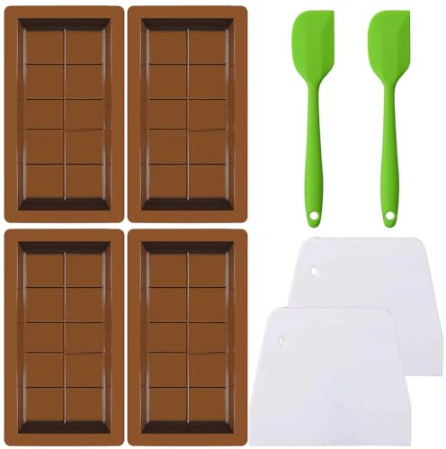 HBSTK 4 PCS Deep Chocolate Bar Moulds, Reusable Silicone Chocolate Moulds Kit - 10 Cavity Deep, Thick & Stuffed Bar for DIY Baking, Candy, Jelly & Sweets
