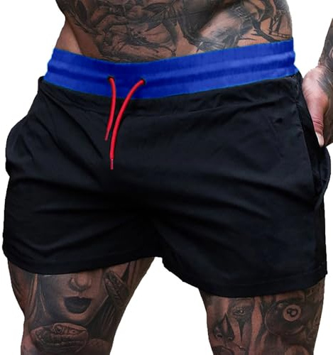 palglg Hombre Costura Interior de 4 Pulgadas Correr Fitness Entrenamiento Pantalones Cortos Tener Bolsillo con Cremallera Sin Revestimiento Negro L