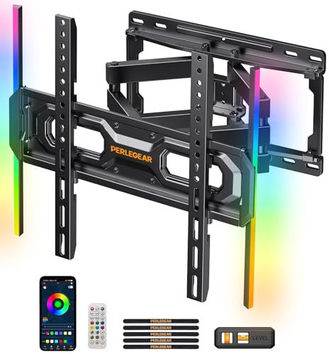 Perlegear Soporte TV Pared, para Televisores de 26 a 65 Pulgadas hasta 45 kg, Retroiluminación LED con Sincronización Musical, VESA Máximo 400x400 mm con Giro Extensión y Inclinación PGMF20