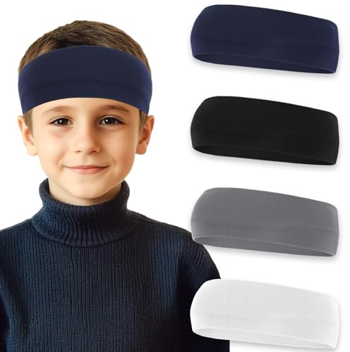 Lot de 4 bandeaux de sport souples pour enfants - Bandeau élastique pour filles et garçons - Respirant - Antidérapant - Pour la course, le football, le cyclisme, l'évacuation de l'humidité