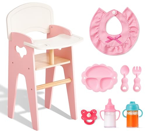 Giant bean Wooden Baby Doll High Chair with Feeding Set, Pretend Play Feeding Seat for Dolls, Includes Bib, Utensils, Bottles & Plate, Toddler Role Play Furniture for 18 Inch Dolls