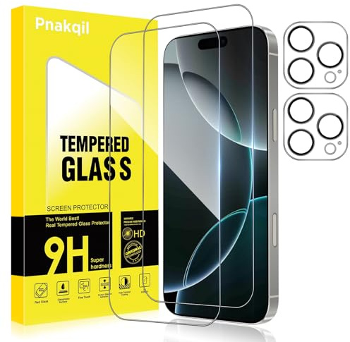 Pnakqil Pellicola Vetro Temperato per iPhone 16 Pro con Protezione Fotocamera,Vetrino Prottetiva Ultra Resistente Anti Graffio HD Chiaro Senza Bolle 9H Grado Militare Screen Protector,2+2 Pezzi