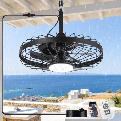 Depuley Outdoor Ceiling Fan with Light: 20 Inch Waterproof Gazebo Fans with Lights Outdoor Hanging - Plug in Remote App Control Caged Fans for Patios Pergola Porch Canopy - 6 Speed Black
