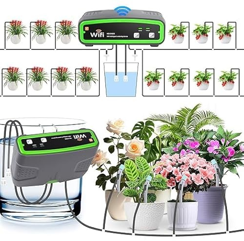 Kit di Irrigazione Automatico WiFi con Pompa Doppia per 20 Vasi, Sistemi di Irrigazione da Giardino a Goccia tramite APP per Piante da Interno Grandi e Piccole, Volume d'acqua Regolabile per Vacanze