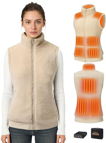 Topdot Polaire Gilet Chauffant Femme Avec Batterie 16000 mAh Incluse,10 Zones de Veste Chauffante,Gilet Chauffant Electrique Avec 3 TempéRatures RéGlables Pour Le Travail En ExtéRieur,Ski,Kaki,S
