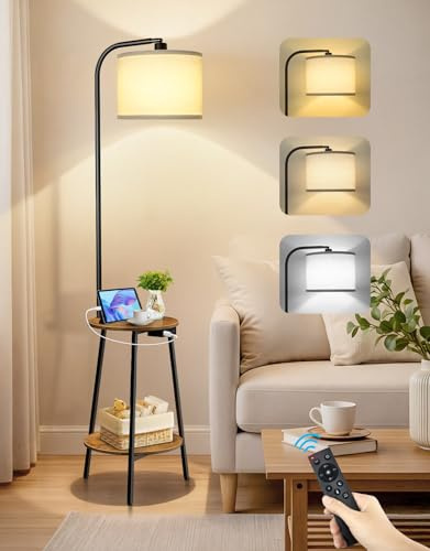 OUTONLIFE Lampada da Terra con Tavolino, LED Dimmerabile con Telecomando, 3 Temperature Colore, Mensola con Ricarica USB per Soggiorno Camera Ufficio (Marrone Rustico Rotondo)