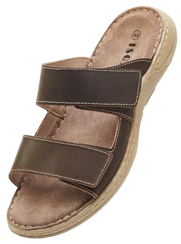 ISQFIQ Wide Fit Mens Sliders Sandals, Real Leather Walking Sandal with Adjustable Strap, Open Toe Indoor and Outdoor Mules Shoes for Summer Casual Travel Hiking Beach Trekking Fisherman