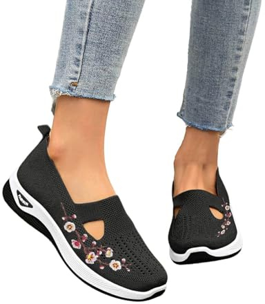 Scarpe Da Ginnastica Donna Camminata,Scarpe Ortopediche Donna, Senza Lacci Per Camminare Morbida Sneakers Scarpes Slip On Fiori Comode Da Ginnastica Chiuse Leggere Da Corsa Casa Estive Nero, 40