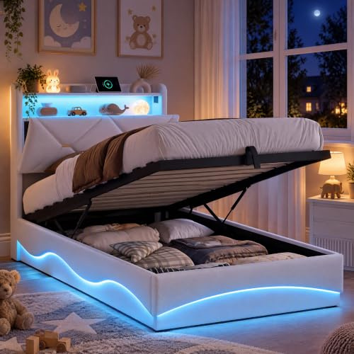 AONYAYBM Enkelsäng 90 x 200 med sänglåda, stoppad säng med LED och USB, resårsäng 90 x 200 med förvaringsutrymme, sängram med ribbotten, sammet, utan madrass (beige-C)