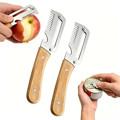 2 stycken multifunktionella grönsaksskalare för köket, 3-i-1 grönsaksskalare, rostfritt stål potatisskalare, sparskalare med trähandtag och integrerad flasköppnare, för frukt, grönsaker, flaskor