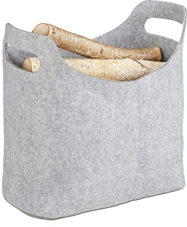 Relaxdays Cesto portalegna per camino in feltro, HxLxP: 39,5 x 40 x 23 cm, 2 manici pieghevole, portariviste, grigio