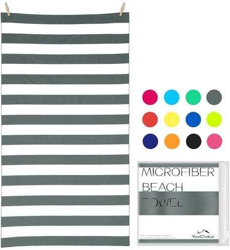 Your Choice Microfiber Beach Towel, Sand-Free Quick Dry Travel Towel, Oversized Compact Lightweight Recycled Towel for Pool Camping - Gray and White Stripe, Extra Large Beach Towel 67x35 Inch