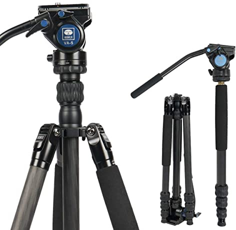 Sirui 2-in-1 Traveler Series Carbon Fiber Video Tripod with VA-5 Fluid Head for Cameras, Monopod Conversion, 30.9lbs Load Capacity, 62.6Inch, 360°Panning Base, 1/4 and 3/8 Screws (Carbon Fiber VC)