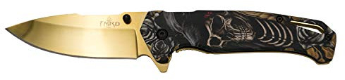 THIRD Couteau pliant K1930 avec système d'ouverture à roulement à billes, manche en aluminium avec tête de mort 3D et titane doré brillant, lame en acier de 10,4 cm, avec clip