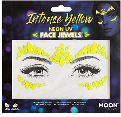 Neon UV Face Jewels by Moon Glow - Festival Face Body Gems, Crystal Make up Eye Glitter Stickers, Temporary Tattoo Jewels (Intense Yellow)