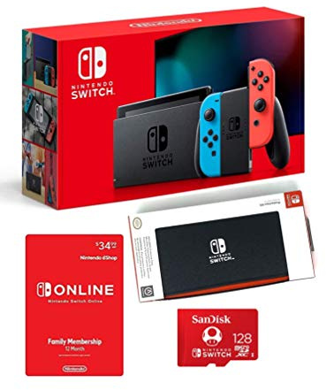 Liphontcta Nintendo Switch Bundle with 12 Month Online Family Plan /128GB SanDisk Micro SD Card/Case and Screen Protector, Red and Blue w/128GB SD/Case