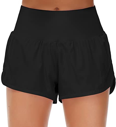 Origiwish Women's High Waisted Running Shorts with Liner Quick Dry Athletic Workout Shorts Zipper Pockets (Medium, Black)