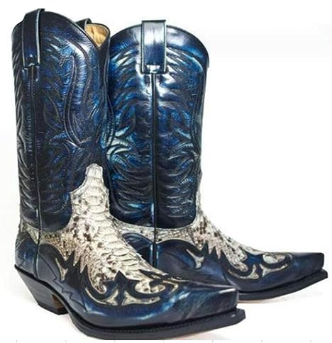 SIULAS Western cowboy stövlar – låg klack mid tub riddarstövlar – vintage läder broderi västerländsk cowboy biker stövlar, Blå blå, 43 EU