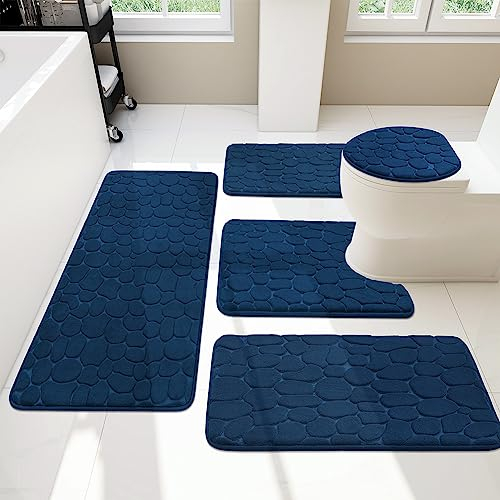 chakme Badezimmer Teppiche Sets 5 Stück, Cobblestone Memory Foam Badezimmer Matten Set dick, Anti-Rutsch-Badematten für Bad,absorbierend waschbar dunkelblau Badteppiche für Wanne, WC und Boden
