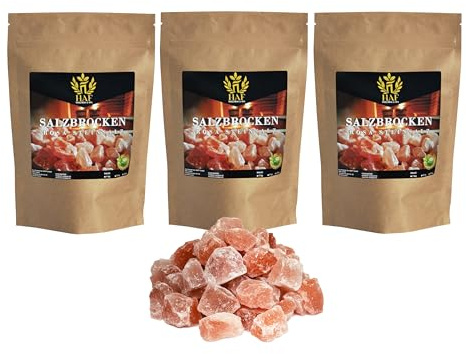 HAF® Rosa saltbitar 3 kg | Grova stensaltbitar utan tillsatser och naturliga ämnen från Saltrangen i Pakistan | saltstenar | Solekjolar | Storlek: 2–5 cm | Antal: 3 x 1 kg i påse