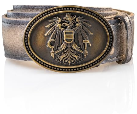 Schöneberger Traditionell kostym för män, österrike, läderbälte med Österrike, örn spänne, läderbyxor bälte av vildbockläder, franco, Sandbrun, Bundweite 120 (58-60)