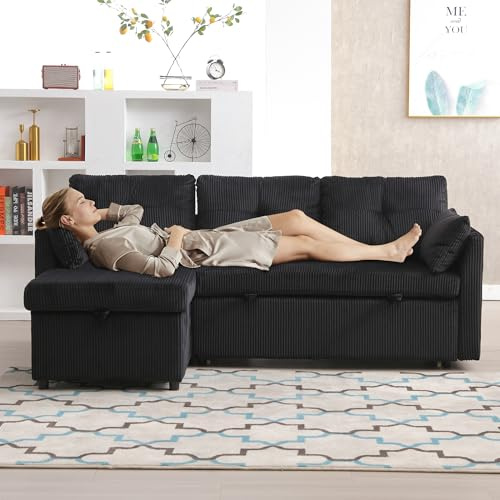 HAINEW Canapé d'angle moderne avec fonction couchage et tiroir de lit, canapé rembourré 3 places, avec coussins et accoudoirs, canapé lounge confortable en velours, pour le salon (noir + velours)