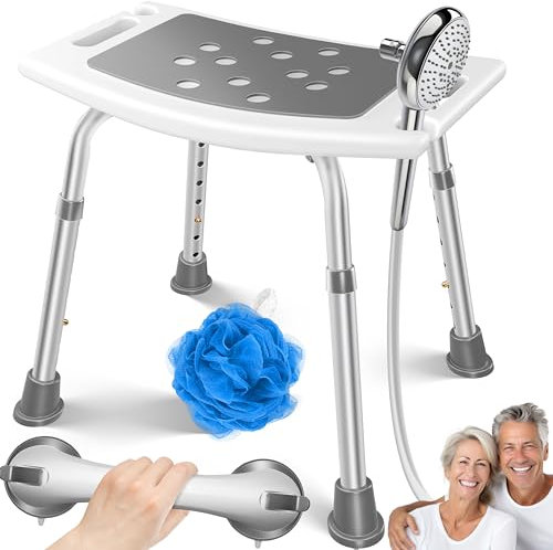 KESSER® Duschhocker höhenverstellbar | Leichter Badhocker rutschfeste Gummifüße Duschstuhl 136KG belastbar | Duschhilfe Senioren | Saugnapf Haltegriff Badewannengriff | Duschsitz mit Brausehalterung