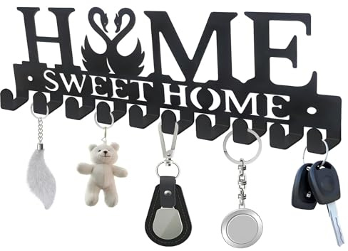 CONGGUAN Key Holder for Wall Key Hooks Wall Mounted with 10 Hooks Heavy Duty Key Hangers for Living Room Black Metal Key Racks Home Sweet Home(Swan)