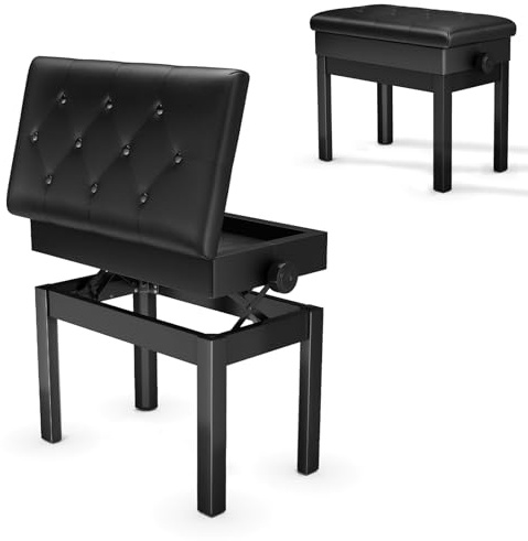 Pianopall justerbar höjd 48–58 cm, pianobank med förvaringsutrymme, pianobänk med PU-läderkudde, pianostol Heavy Duty, tangentbord pianobänk kan belastas upp till 150 kg, svart (57,5 x 35,5 x 49~59