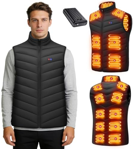 Gilet Chauffante avec Batterie 27000mAh 7.4V Doudoune Chauffante Veste Électrique 3 Niveaux de Chaleur 17 Zones Homme Femme (FR/ES, Alpha/lettres, M, Taille normale, Taille normale, Noir profond)
