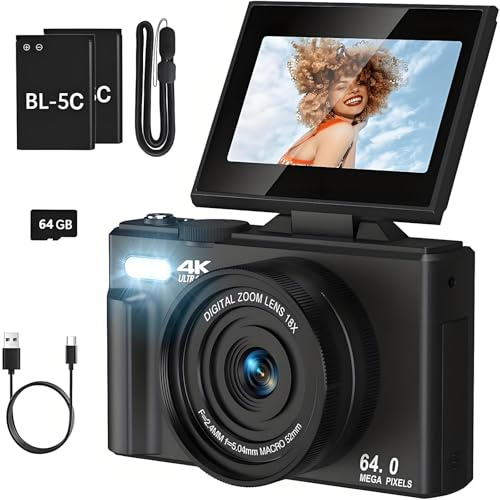 Evoluir Digitalkamera 4K digitalkamera, 75 MP vloggkamera med 18 x zoom, WiFi-överföring, 3 tums flip-skärm, autofokus, kompakt för barn och nybörjare, 64 GB SD-kort ingår