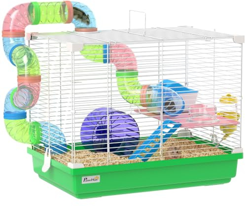 PawHut Hamsterbur gnagare 2 nivåer med tunnel, vattenflaska, hjul, lekstuga, skalor dim. 46 L x 30 l x 37 cm
