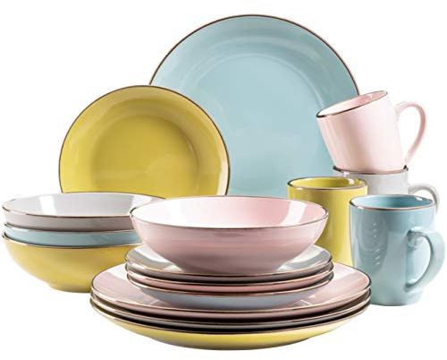 MÄSER 931726 Metallic Rim, Modernes Geschirr Set für 4 Personen mit messingfarbenem Rand, 16-teiliges Kombiservice mit randlosen Coupe-Formen, bunt, Steinzeug, Fresh