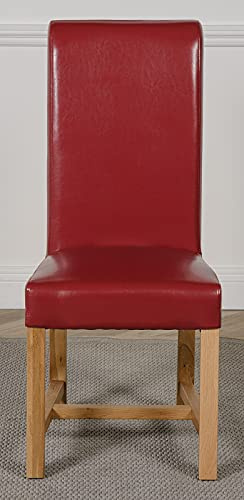Oak Furniture King Washington Dining Chairs Set of 2 – Burgundy Leather Upholstered Kitchen Chairs with Cushion Back & Solid Oak Legs, Modern Dining Room Seating, Fully Assembled, Red