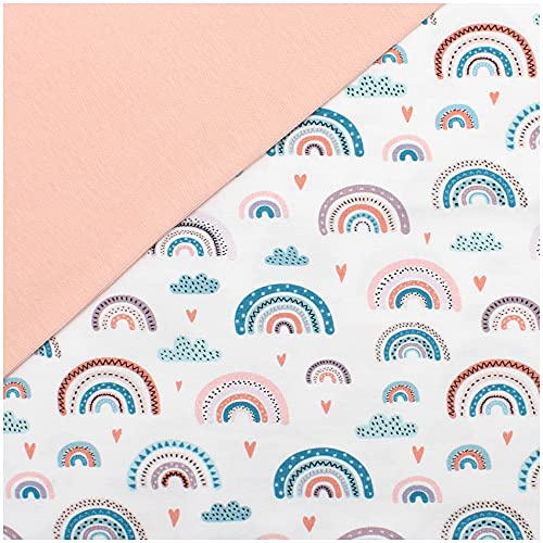 Pacchetto di tessuto 0,5 m Jersey + 0,5 m di tessuto a costine per cucire abbigliamento per bambini, tessuto per bambini in jersey (pastello arcobaleno bianco + rosa tenue (Set24))