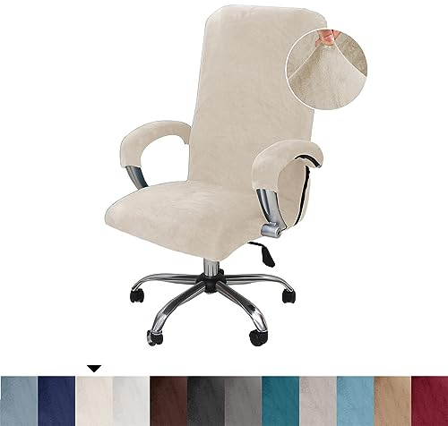 BXFUL Funda para Silla de Oficina de Terciopelo con 2 Fundas para Reposabrazos, Cubierta Protectora de la Sillón de Ordenadora Removible Fundas de Sillas Giratorias (Beige,Medium)