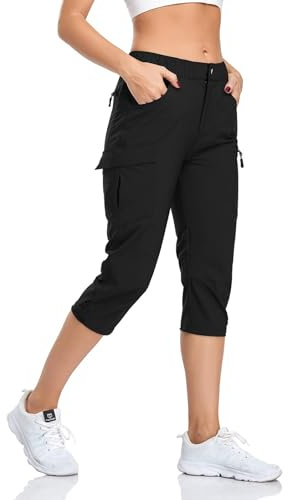 GymBrave Pantalon cargo de randonnée pour femme, capri léger et à séchage rapide pour le camping en plein air, résistant à l'eau avec protection UPF 50 et poches à fermeture éclair, Noir, Capri M