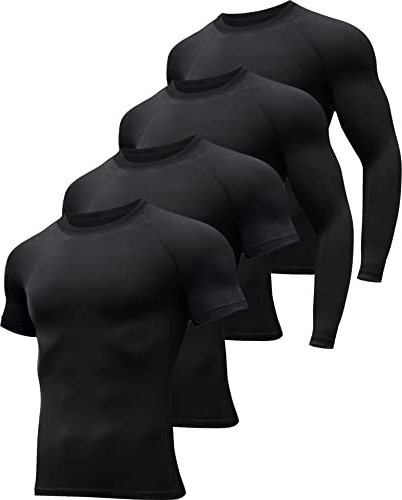 HOPLYNN 4 Pack Workout Compression Shirts Men Long/Short Sleeve Rash Guard Athletic Undershirt Gear T Shirt for Sports 4 Black S