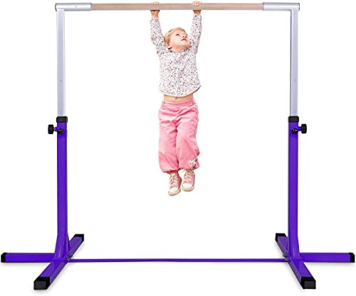 GYMAX Barre Gymnastique pour Enfant avec 12 Niveaux Hauteur (91 cm-150 cm), Barre Fixe de Gymnastique en Bois & Structure en Acier, Barre Gymnastique pour Intérieur & Extérieur (Violet)