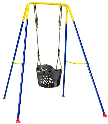 SELEWARE Toddler Swing Set w/Foldable Steel Swing Frame Stand Kids Bucket Swing Seat for Indoor Outdoor Use, Cute Elephant Shape Design Easy to Assemble