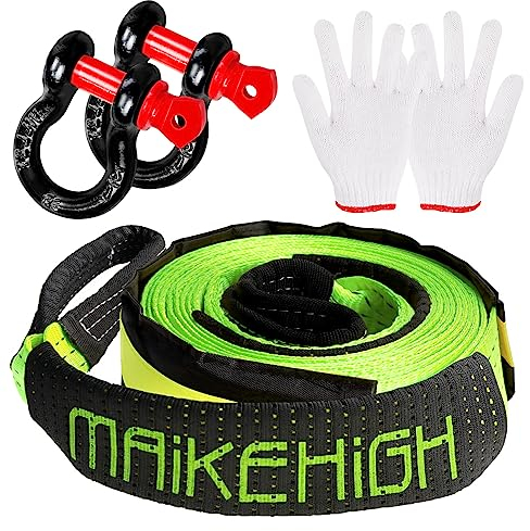 MAIKEHIGH Abschleppseil 5M x 5cm, 10 Tonnen (22,000 Lbs) Tow Rope Kit Für Off-Road Recovery mit 2 Verstärkten Haken, 2 Handschuhen (Grün)