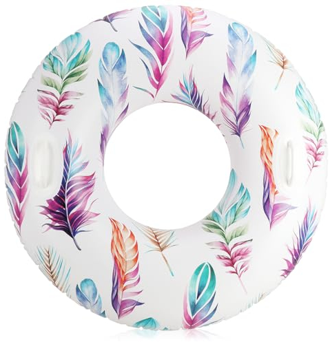 com-four® Schwimmreifen mit Feder-Motiv - bunter Schwimmring für Badespaß - Luftreifen mit Griffen - aufblasbarer Badering für Pool, Freibad, See oder Strand - Schwimmhilfe (01 Stück - Federn)