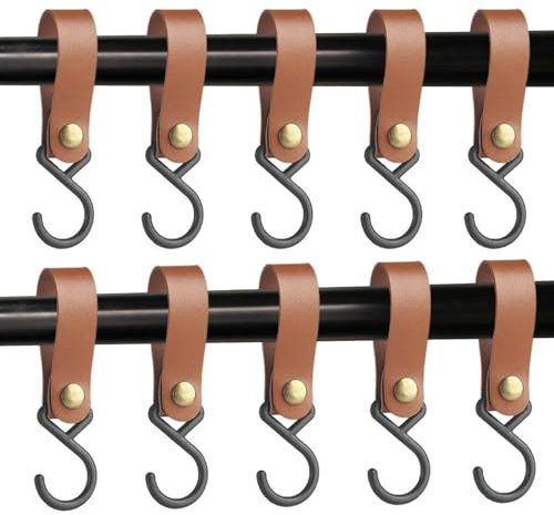 Mecmbj Ganci a S, 10 pezzi Gancio a S in Pelle Multifunzione, Ganci Cucina, Gancetti per Pentole e Padelle, Vestiti Cappelli Asciugamani Bagno (Marrone)
