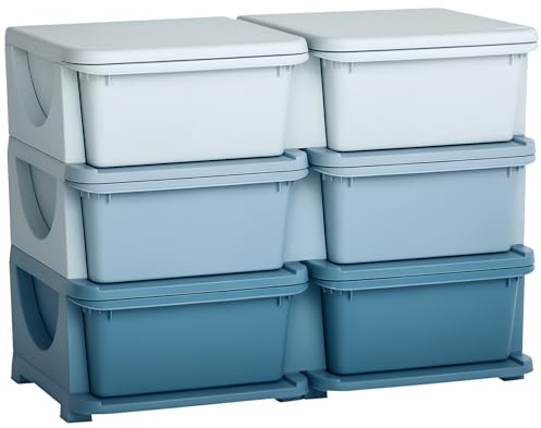 HOMCOM 6 Drawers Plastic Storage Units, 3 Tier Kids Storage Units, Children Toy Chest for Nursery, Playroom, Bedroom, Blue