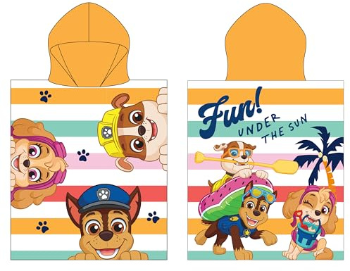 Poncho de Toalla con Capucha Oficial de la Patrulla Canina | Sensación súper Suave, diseño Soleado con Chase, Rubble y Skye. Bata cambiadora hogar, baño y Playa, 55 x 50 cm