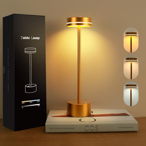 VKH Lámpara de noche LED sin cable de metal color dorado, 3 modos de luz, control táctil y carga USB-C, lámpara de mesa moderna para dormitorio, salón, oficina o mesa de comedor