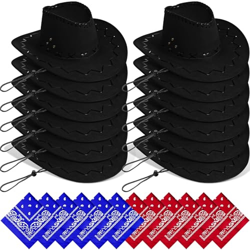 MALLOOM Lot de 24 chapeaux de cowboy avec bandana, déguisement western pour adulte (Noir)