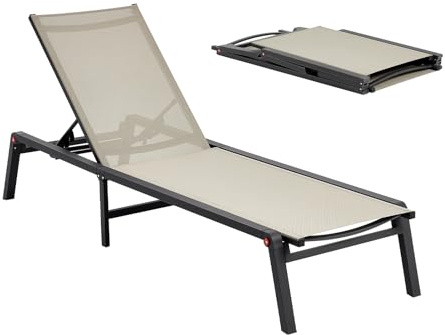 VEVOR Lettino Prendisole Pieghevole Capacità di Carico 181,44 kg, Sedia da Giardino Pieghevole Reclinabile, in Alluminio, con 5 Posizioni Regolabili, per Esterni, Piscina, Spiaggia, Terrazza