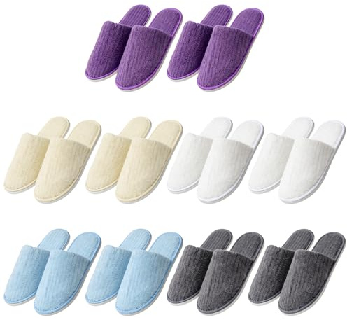 GAOUTO 10 par färgglada gästtofflor hotelltofflor: Universalstorlek 40–44 frottétofflor, tofflor med stängda, tvättbara halkfria, korallfleece, tår för spa, fest, gäster, hotell