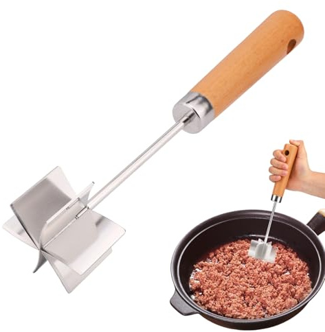 Acier Inoxydable Hachoir Viande avec Manche Bois, 6 Lames Bœuf Haché Écrasoir Outil Résistant Chaleur Hamburger Concasseur Polyvalent Ustensile Cuisine pour Légumes Fruits Pommes Terre et Plus